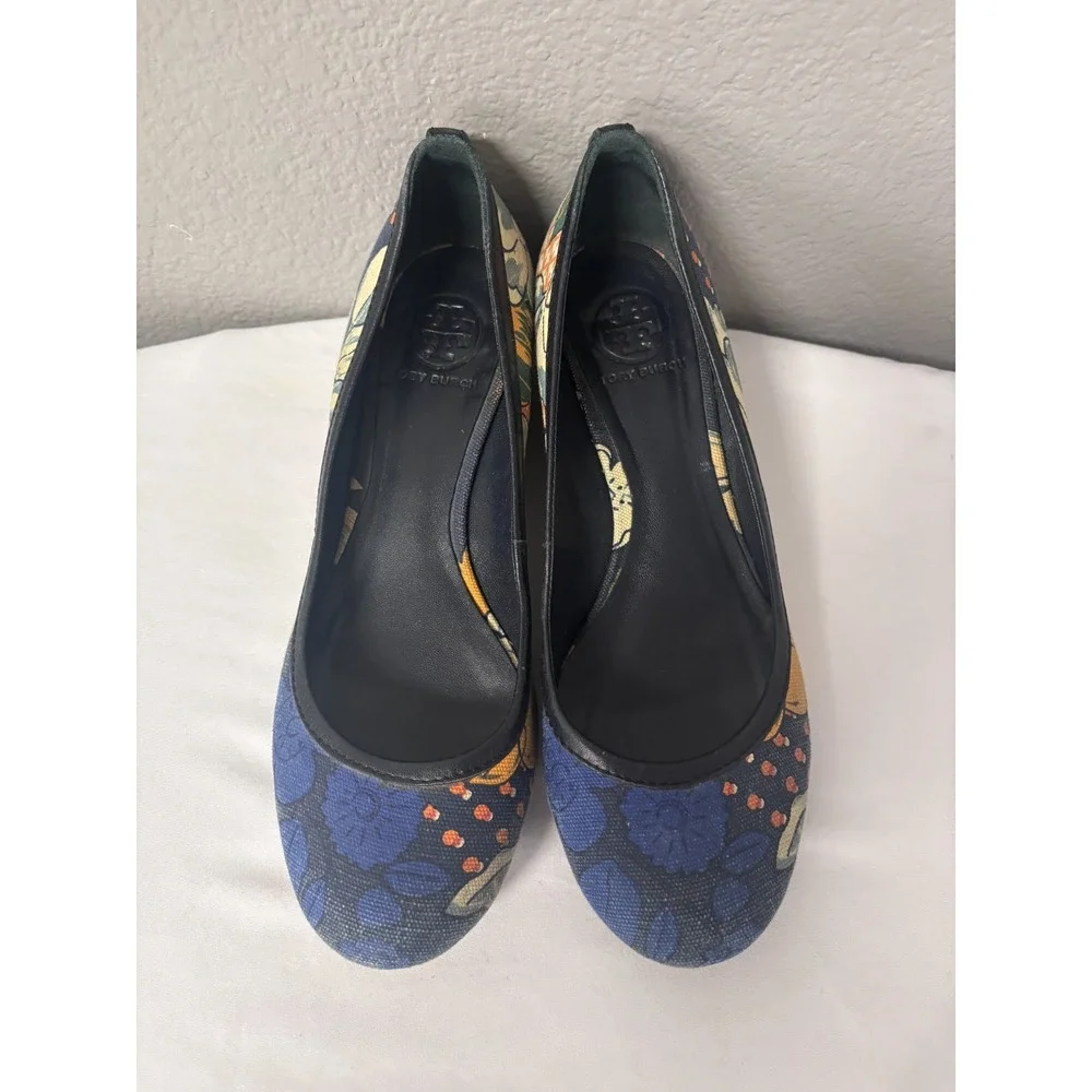 Tory Burch Womens 9 Sally Wedge Pump Multi Floral Canvas Low Heel Logo Brazil